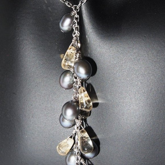 Genuine Black Fresh-Water Pearl's & Yellow Crystal's 16 Necklace .925 Silver - Picture 4 of 4